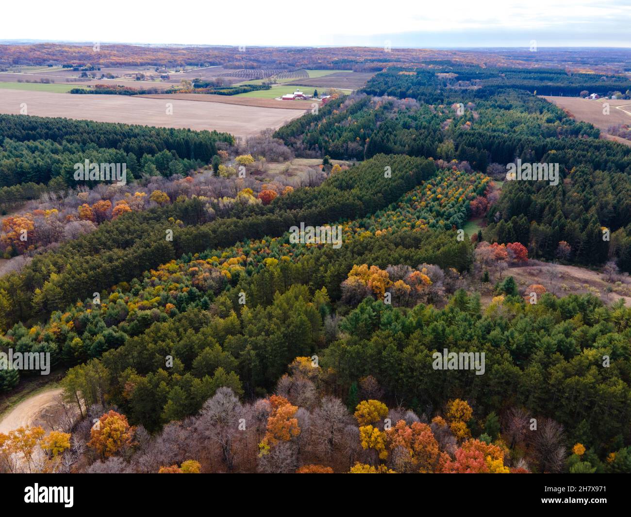 Fotografia aerea di terre pubbliche e private intorno al Kettle Moraine state Forest, vicino a Greenbush Kettle, un bollitore glaciale o stagno, su una nuvolosa Foto Stock