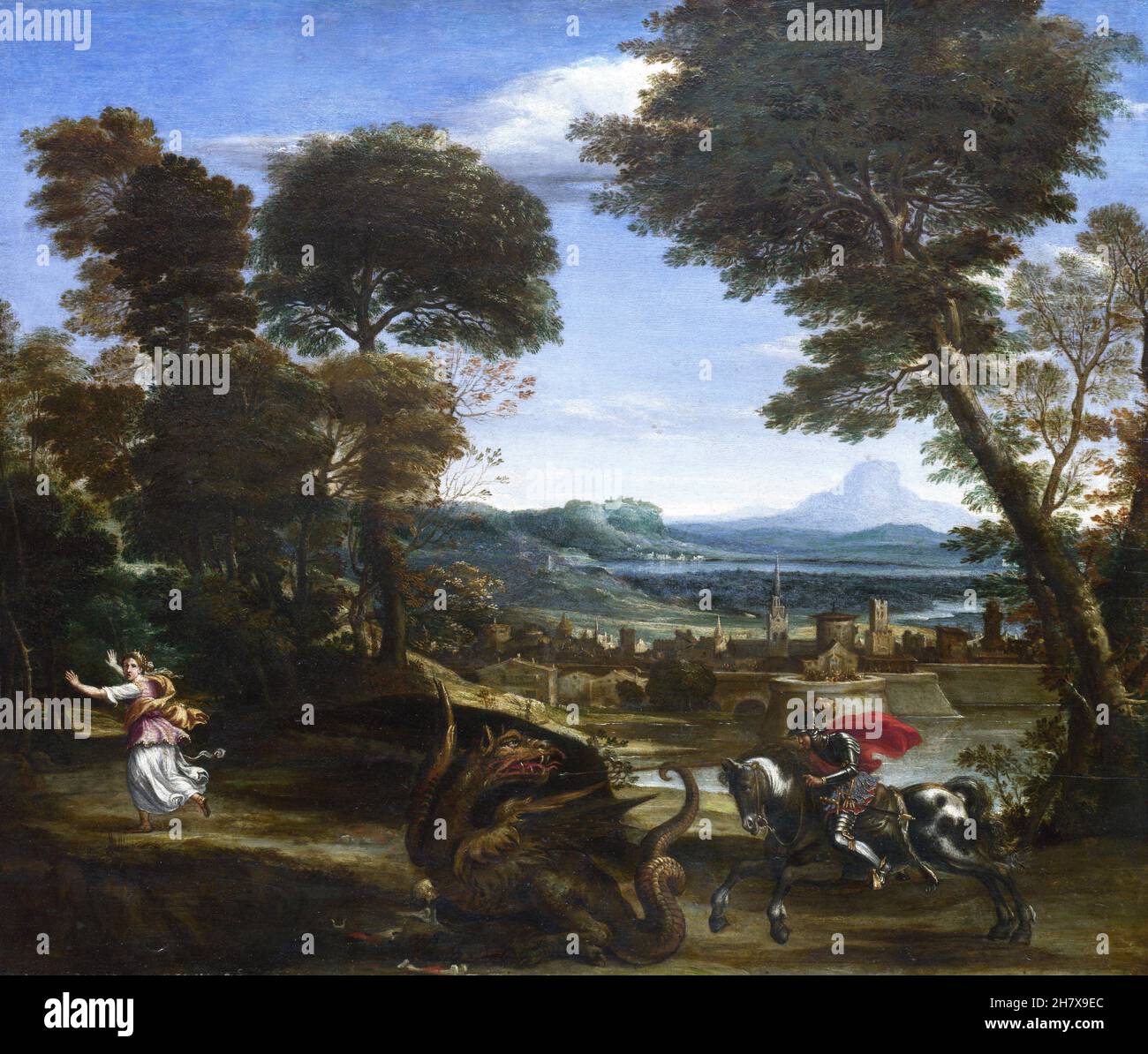 San Giorgio uccide il drago di Domenichino (Domenico Zampieri: 1581-1641), olio su legno, c.. 1610 Foto Stock