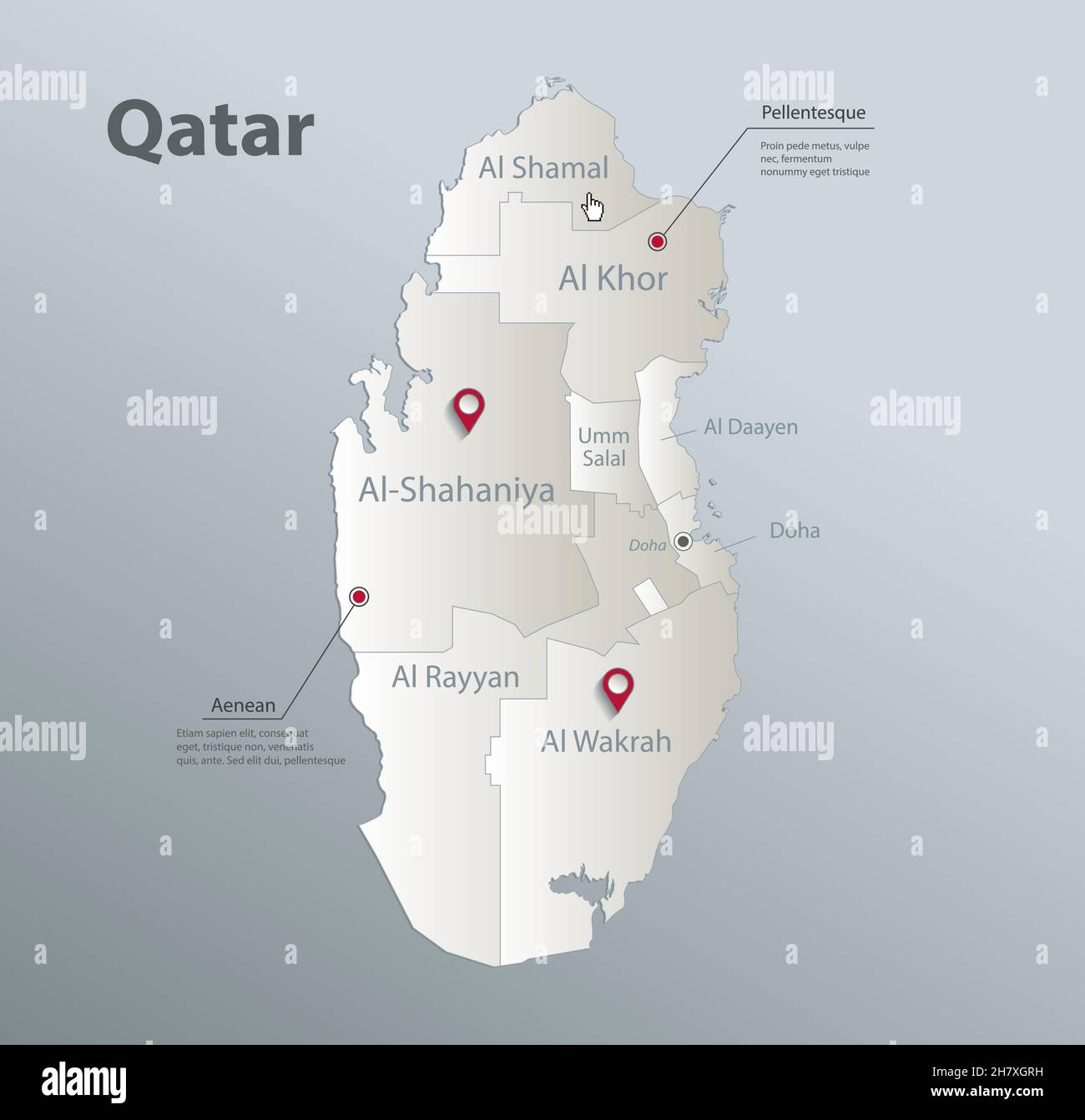 Mappa del Qatar, divisione amministrativa con nomi, carta bianca blu vettoriale 3D Illustrazione Vettoriale