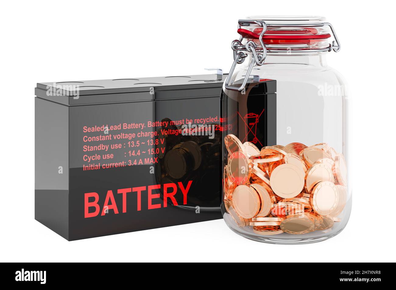 Batteria UPS sigillata con vaso in vetro pieno di monete d'oro, rendering 3D isolato su sfondo bianco Foto Stock