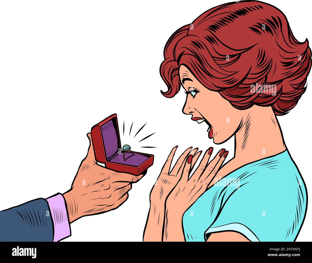 Un uomo dà ad una donna un anello di fidanzamento, ragazza gioiosa Illustrazione Vettoriale