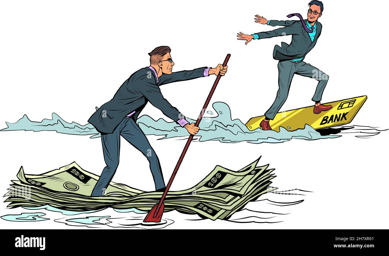 Gli uomini d'affari stanno navigando. Concorrenza di contanti e denaro elettronico su una carta di plastica Illustrazione Vettoriale