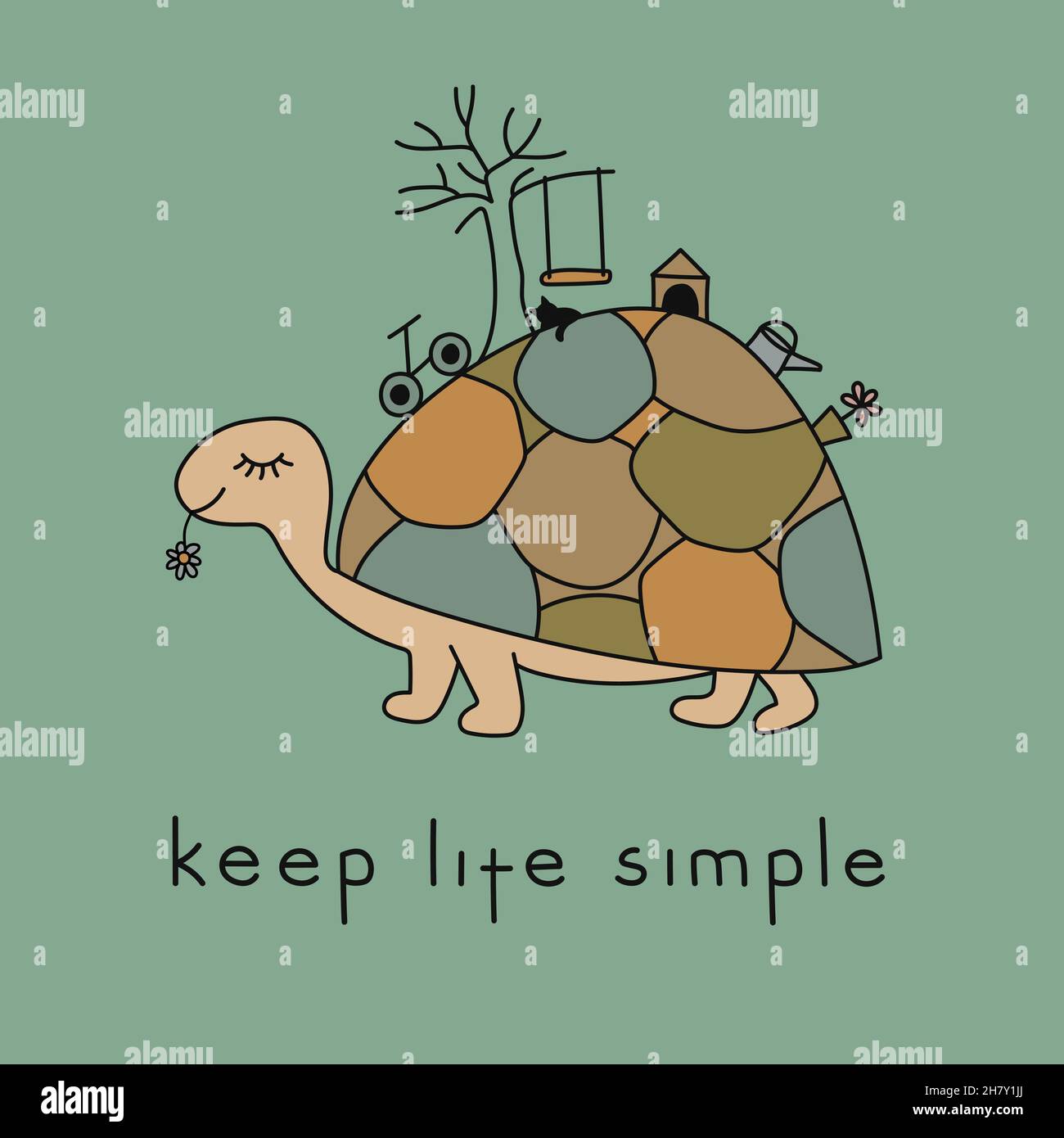 Tartaruga e testo disegnato a mano Keep Life Simple su sfondo verde. Illustrazione del vettore a vita lenta. Illustrazione Vettoriale