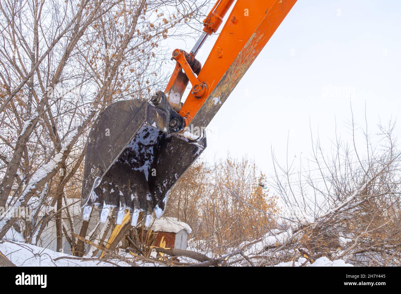 Benna dell'escavatore su cespugli e alberi rotti che sporgono dalla neve Foto Stock