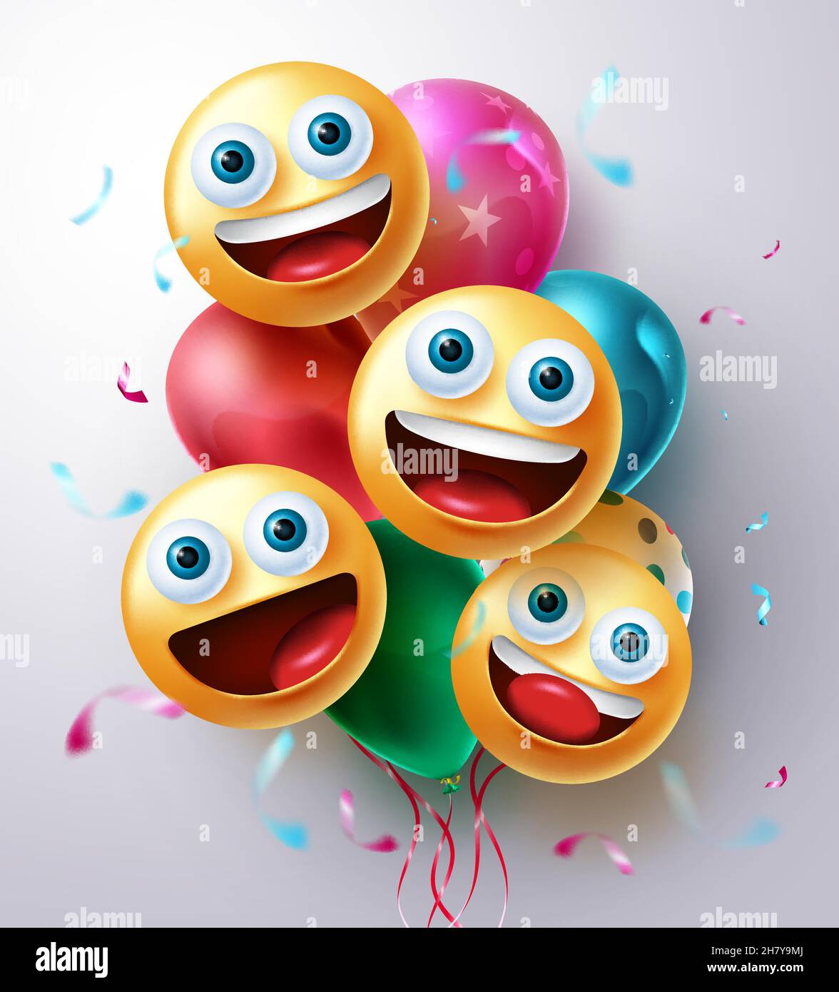 Design vettoriale dei personaggi di compleanno Smileys. I volti sorridenti di emojis e il mazzo di palloncini galleggiano con elementi di confetti da festa per la celebrazione del giorno della nascita. Illustrazione Vettoriale