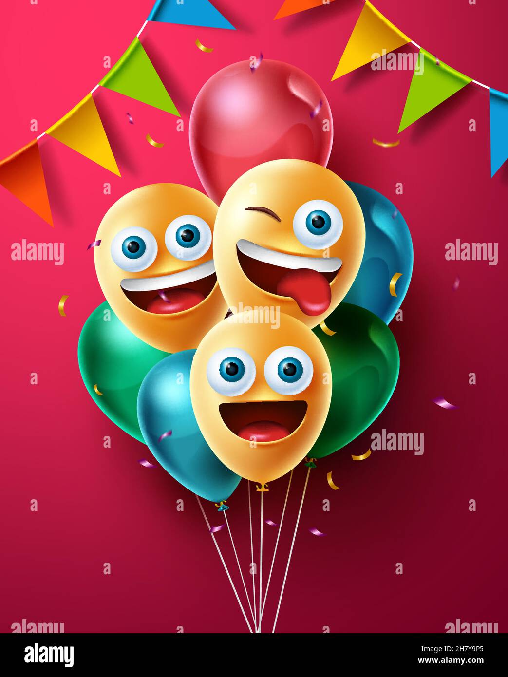 Smileys compleanno palloncino disegno vettoriale. Emojis sorridere volti in palloncino galleggiante mazzo con confetti e pennants elementi partito per il giorno della nascita. Illustrazione Vettoriale