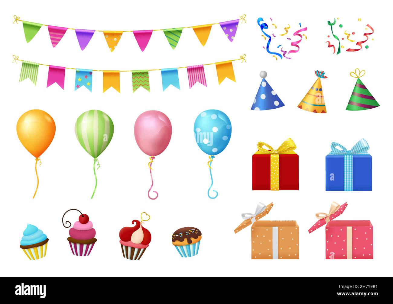 Set vettore elementi festa di compleanno. Scatole regalo del giorno della nascita, pennanti, palloncini, cappelli ed elementi della torta della tazza con i modelli colorati per l'oggetto della celebrazione. Illustrazione Vettoriale