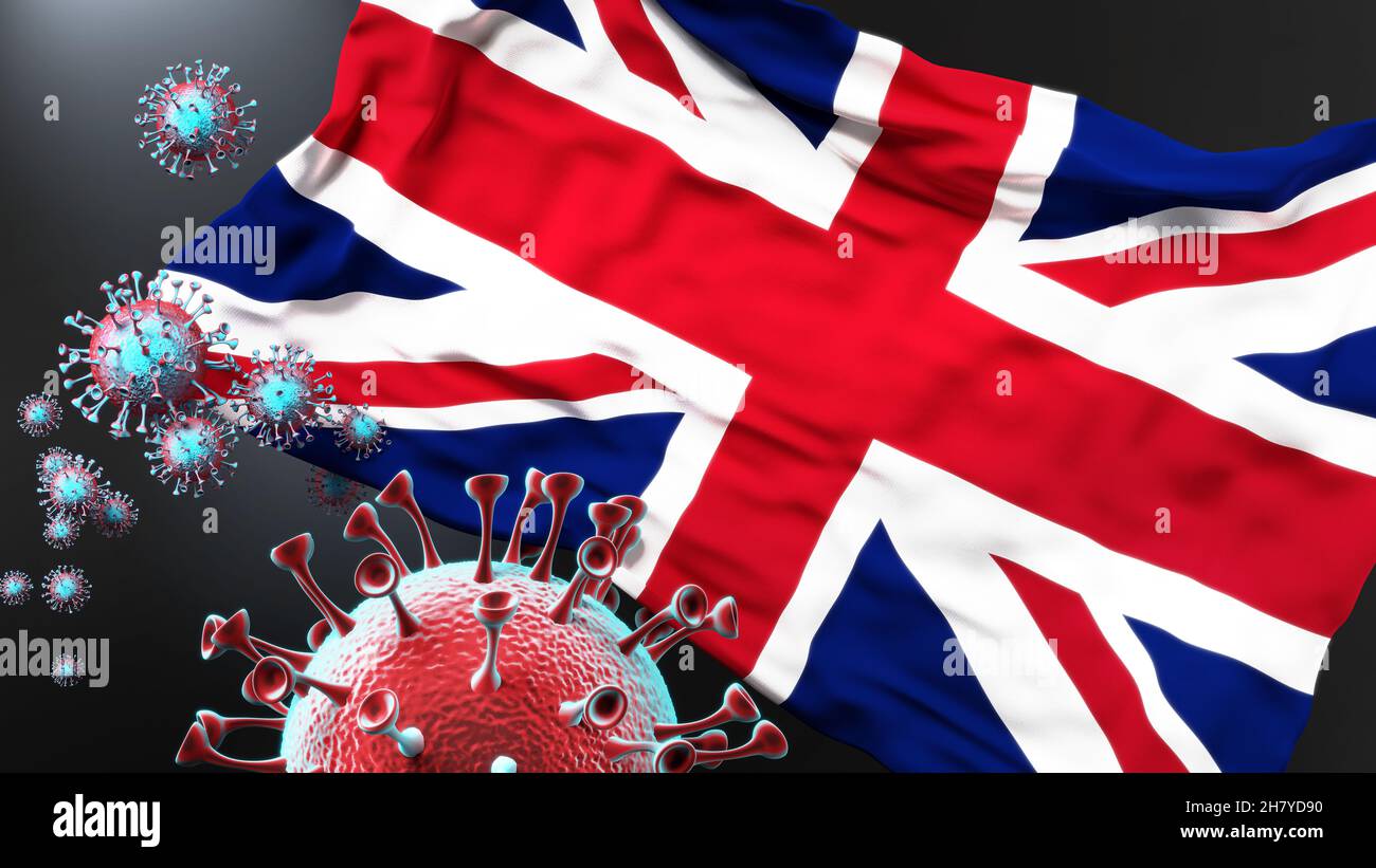Regno Unito di Gran Bretagna e Irlanda del Nord e la pandemia covida - il virus corona che attacca la sua bandiera nazionale per simbolizzare la lotta con il vir Foto Stock