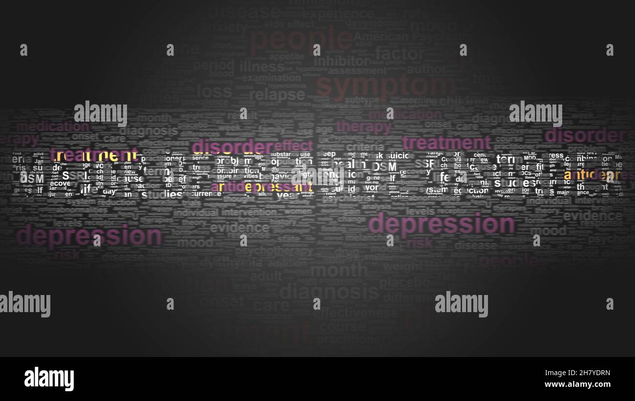 Disturbo depressivo maggiore - termini essenziali relativi ad esso disposti in un poster nuvola di parola a 2 colori. Rivela i concetti primari e periferici correlati, il 3d Foto Stock