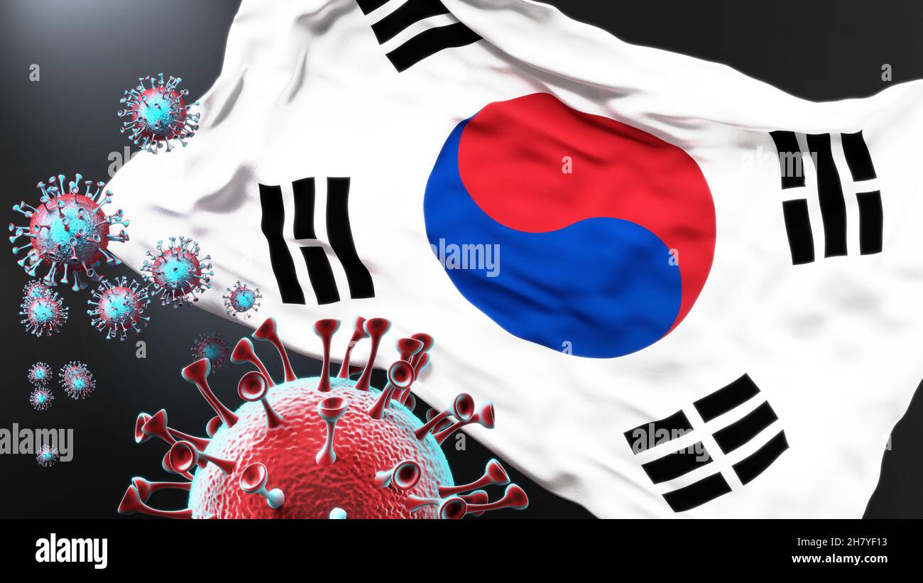 Corea la Repubblica di e la pandemia covid - il virus corona che attacca la bandiera nazionale della Corea la Repubblica di per simbolizzare la lotta, la lotta e il Foto Stock
