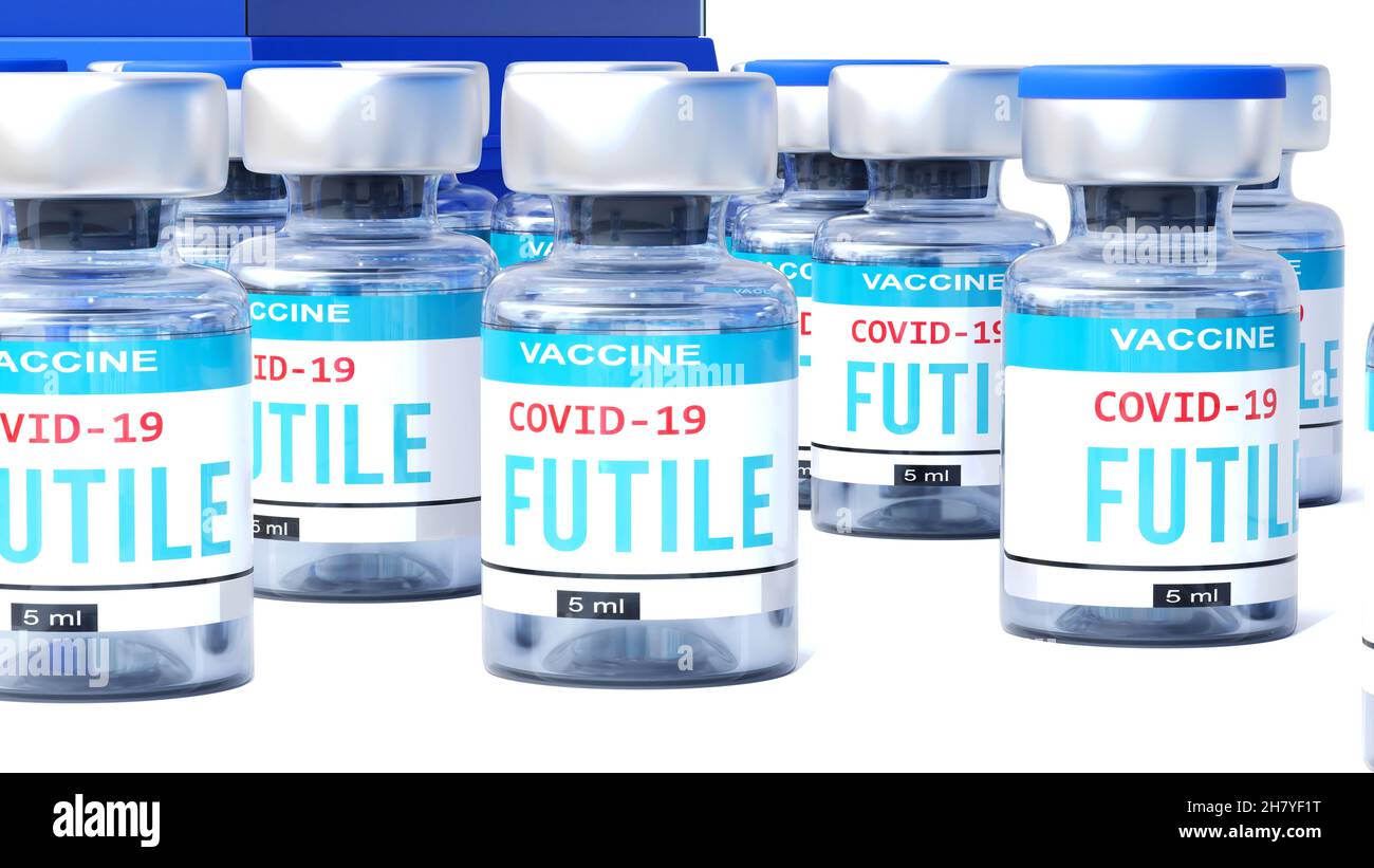 Covid futile - bottiglie di vaccino con un'etichetta inglese futile che simboleggia un grande successo umano che può porre fine alla lotta con il coronavirus pandemi Foto Stock