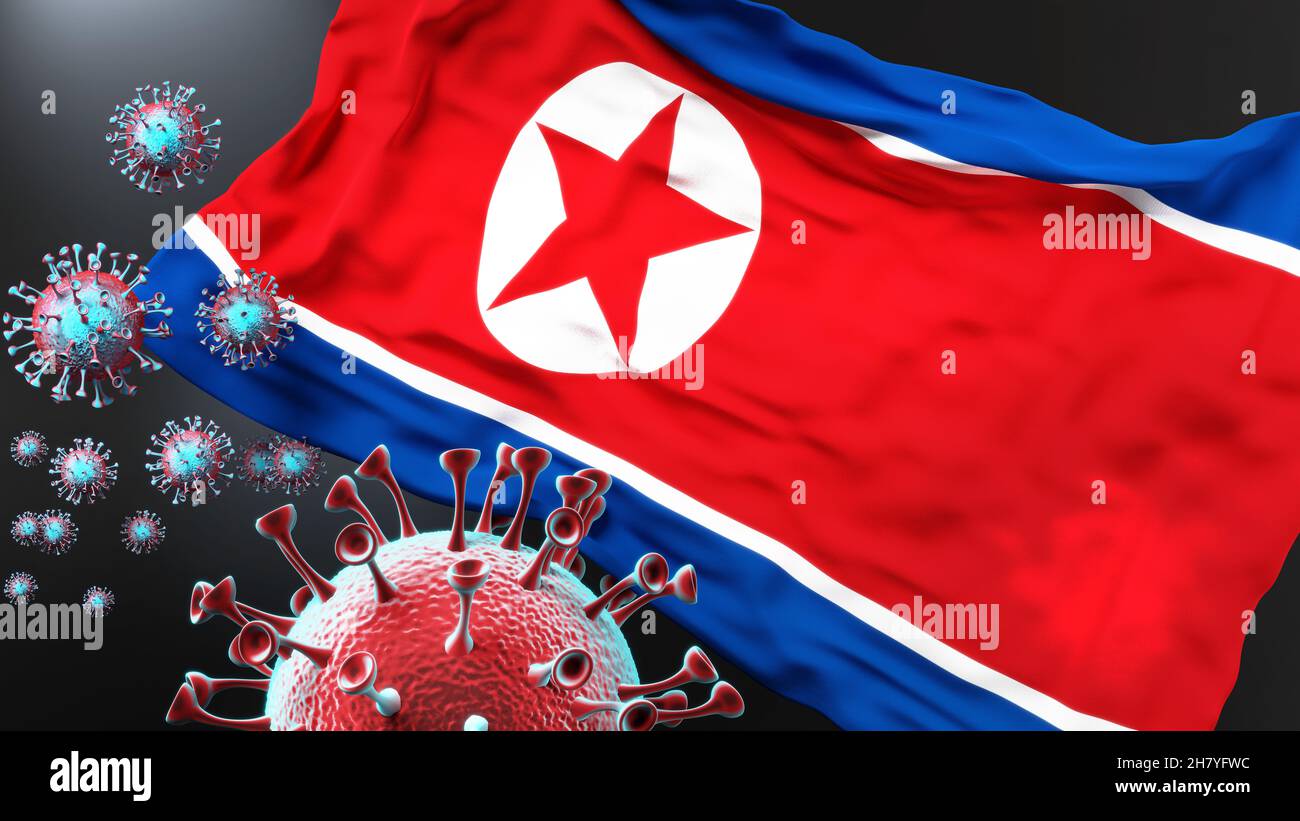 Corea la Repubblica popolare Democratica di e la pandemia covid - il virus corona che attacca la sua bandiera nazionale per simbolizzare la lotta con il virus in questo c Foto Stock