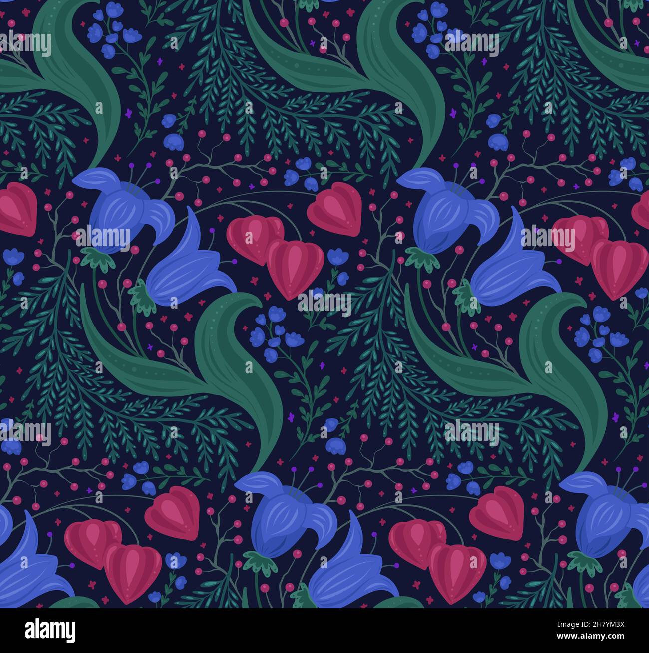 Modello senza cuciture con fiori notturni, bacche su rametti e physalis. Ornamento floreale su sfondo blu scuro. Texture vettoriale naturale con bouquet con Illustrazione Vettoriale