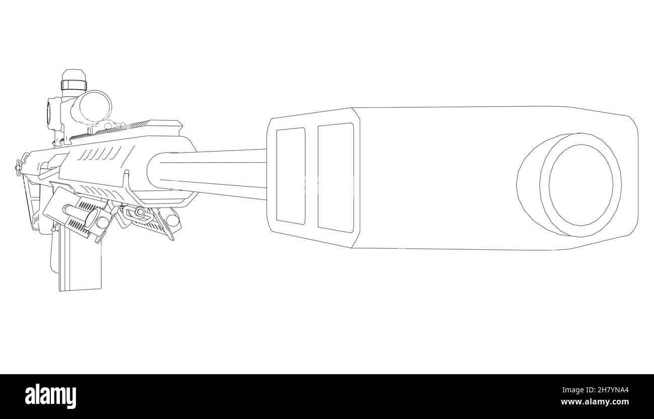 Contorno con fucile con vista telescopica da linee nere isolate su sfondo bianco. Vista prospettica. 3D. Illustrazione vettoriale Illustrazione Vettoriale