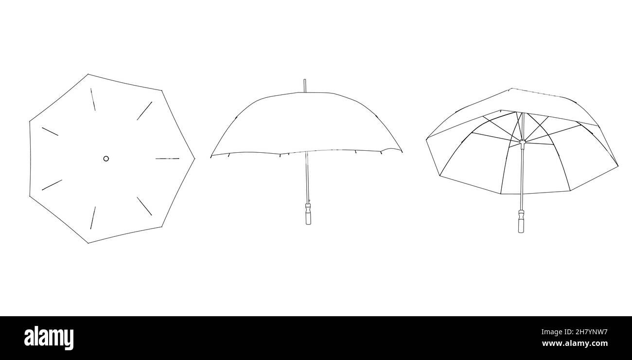Set con contorni di ombrello da linee nere isolate su sfondo bianco. Vista superiore, laterale, inferiore. Illustrazione vettoriale Illustrazione Vettoriale