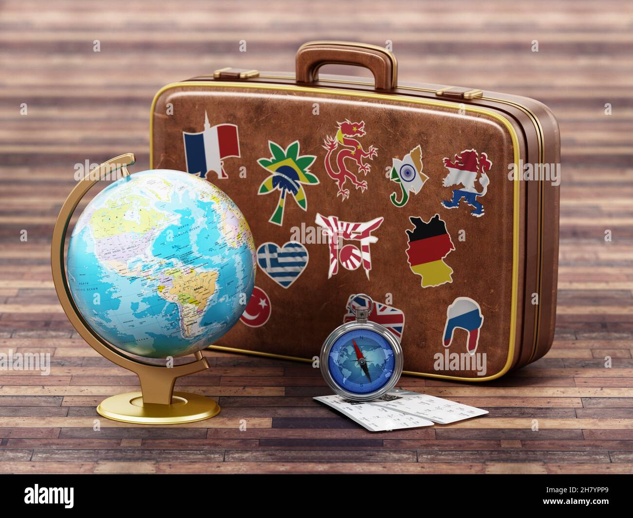 Valigia vintage con bandiere di paesi del mondo, globo, bussola e biglietti  aerei. Illustrazione 3D Foto stock - Alamy