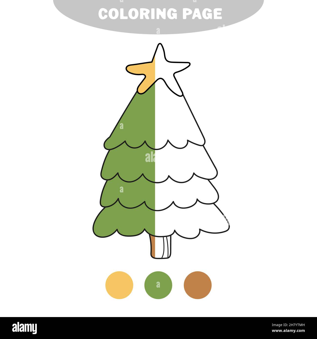 Semplice pagina da colorare. Albero di Capodanno da colorare, il libro da colorare per bambini prescolare con livello facile. Immagine a metà vernice con campioni di colore Illustrazione Vettoriale