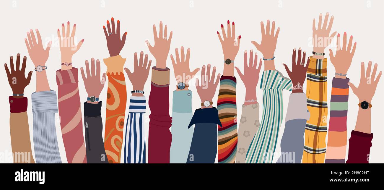 Gruppo di braccia sollevate e mani di persone multiculturali. Comunità o società di uomini e donne di diverse culture e razze. Collaborazione lavoro di squadra Illustrazione Vettoriale