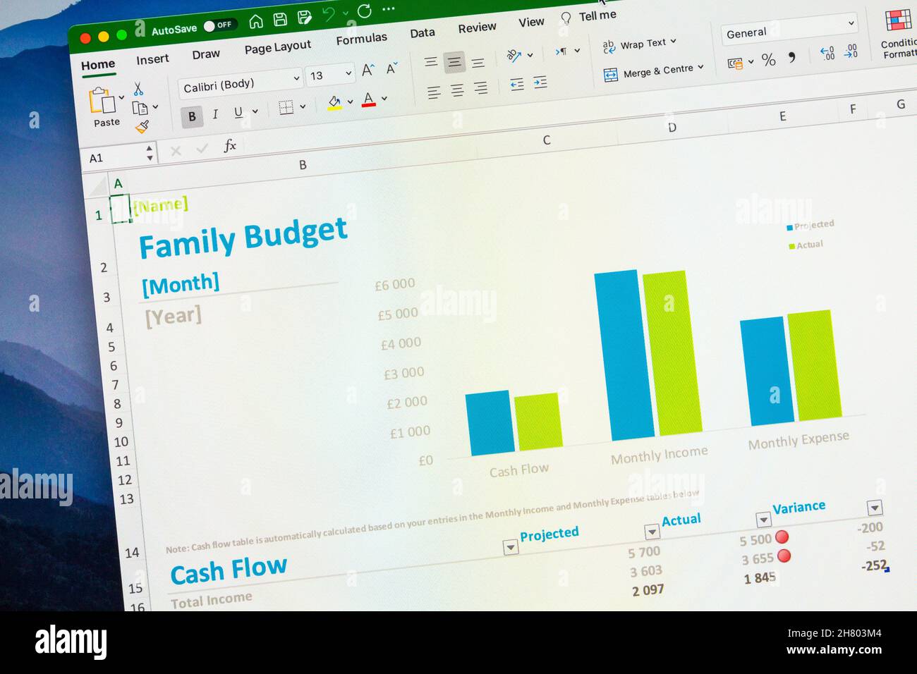 Il modello di budget per la famiglia viene aperto nel software Microsoft Excel visualizzato sullo schermo del computer Foto Stock