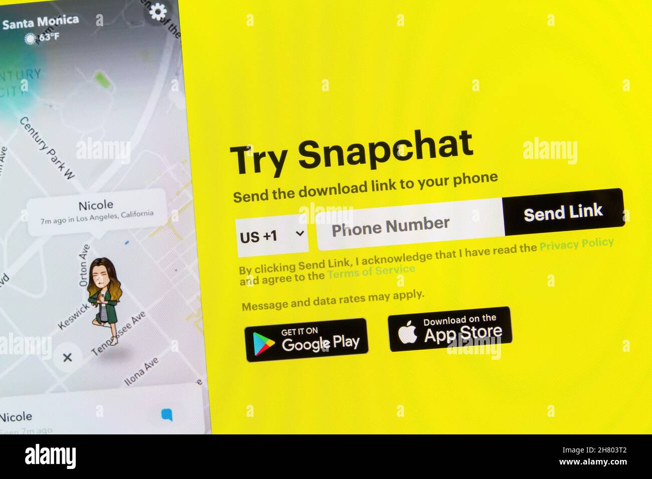 Pagina iniziale del sito di Snapchat con Apri il tuo Snapchat e il numero di telefono degli Stati Uniti Foto Stock