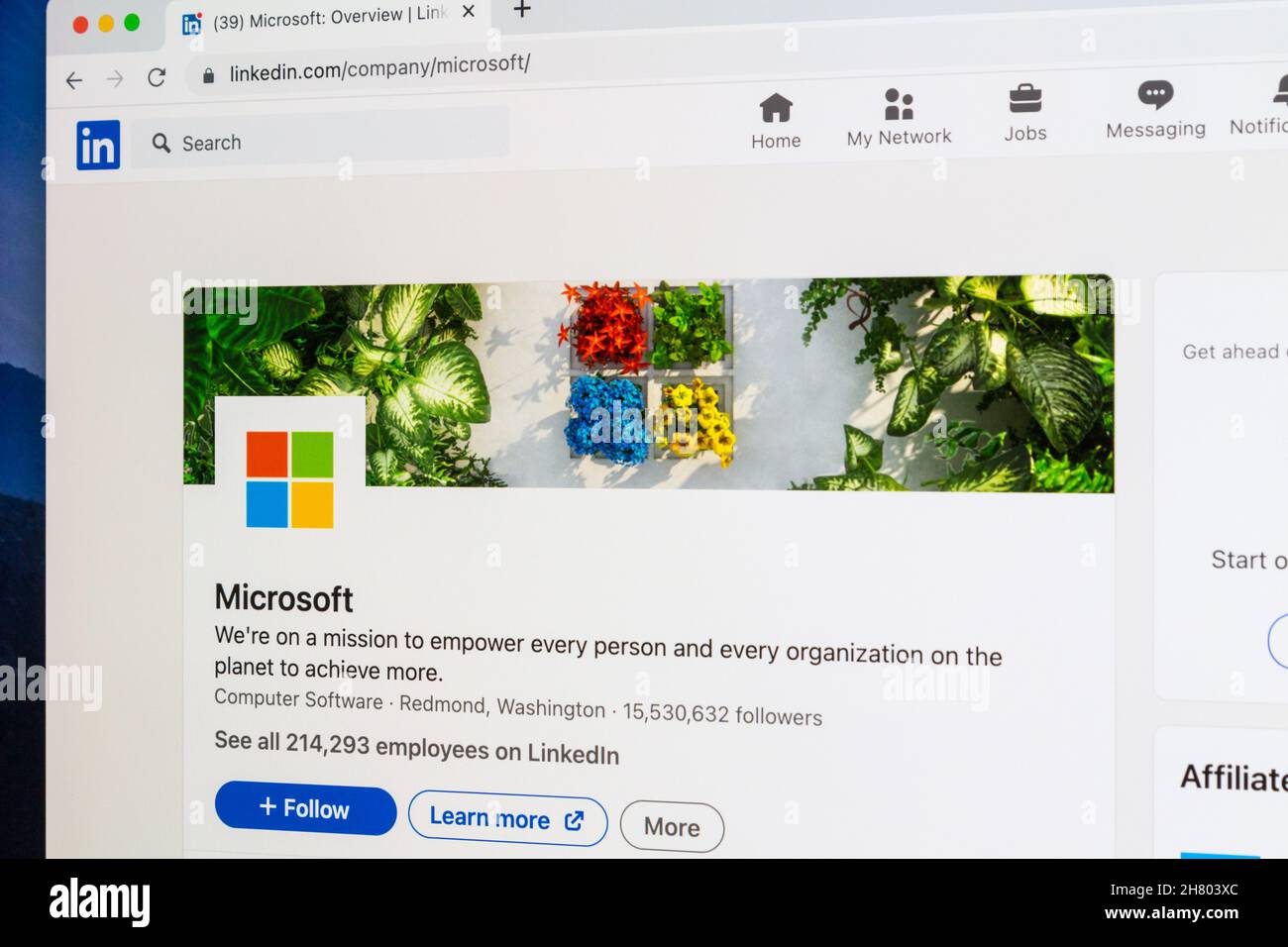 La home page di Microsoft sul sito Web di LinkedIn viene visualizzata sullo schermo del computer nel browser Foto Stock