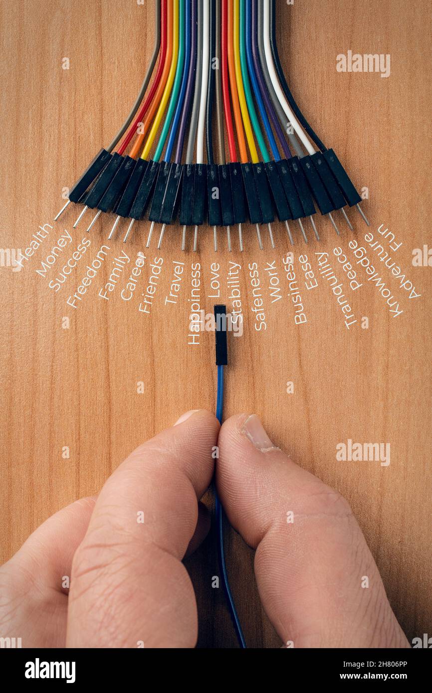 Concetto Life Choice: L'uomo tiene un cavo con pin femmina davanti a una diffusione di cavo con pin maschio Foto Stock