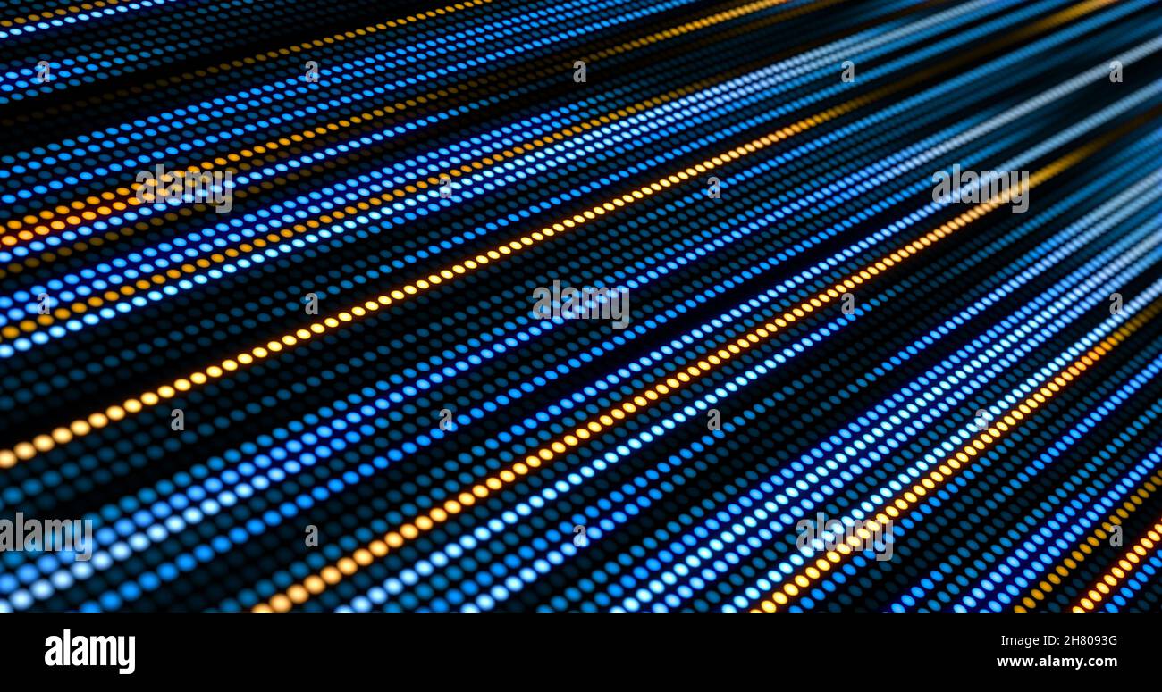 Background tecnologico astratto. Rappresentazione 3D di punti luminosi colorati che formano strisce. Informazioni sui file di dati del computer o sul trasferimento dei dati. Foto Stock