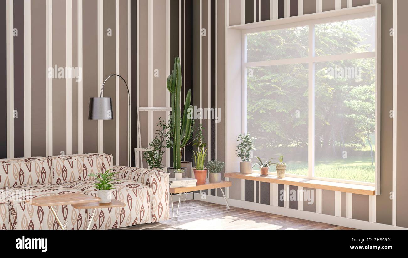 Interno del soggiorno appartamento con piante decorative e grande finestra e vuoto muro vuoto, 3D rendering Foto Stock