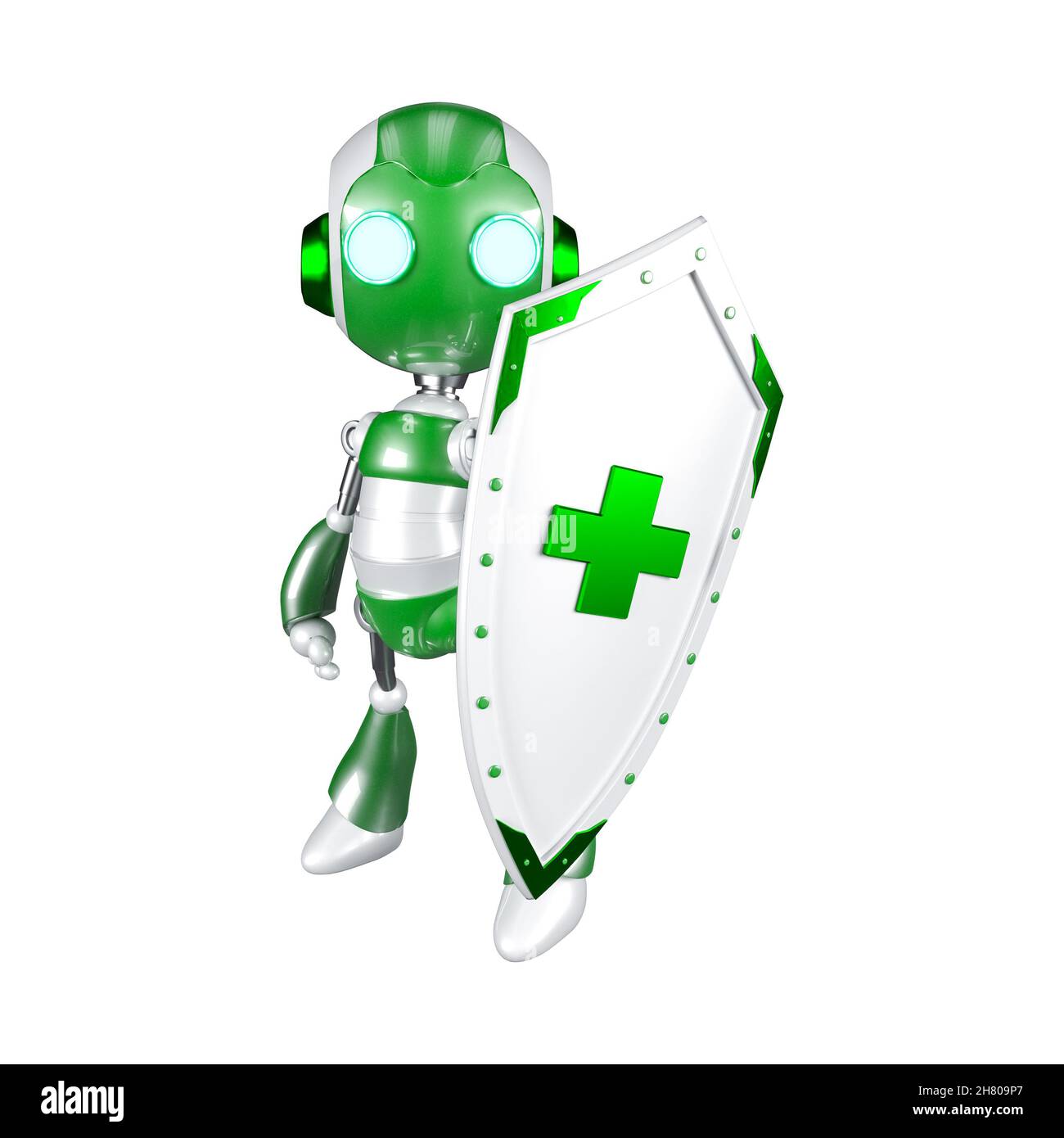 Clipping Path, Green robot Holding Shield, tecnologia di sicurezza digitale, rendering 3D Foto Stock