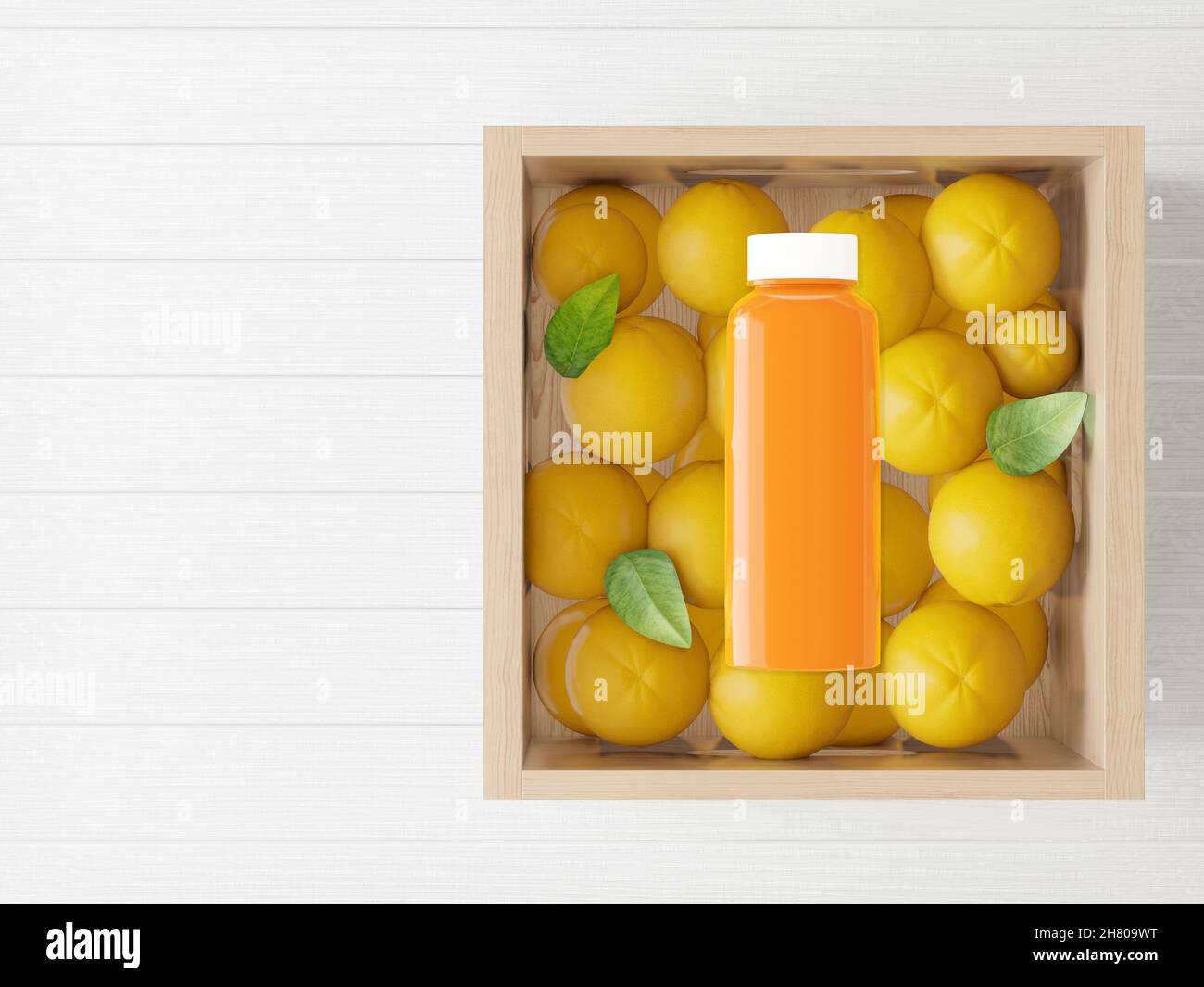 Una bottiglia usata per imballare il succo d'arancia con le arance. Foto Stock