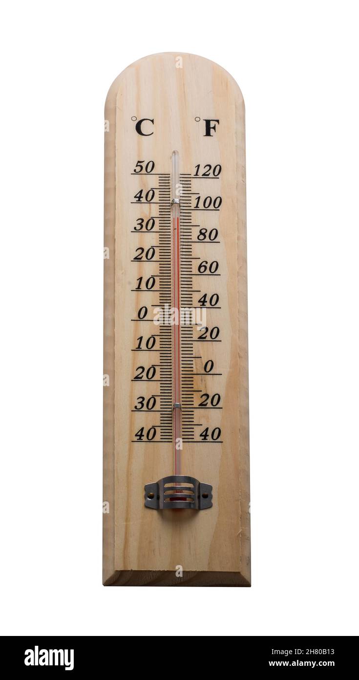 Termometro in legno isolato su terreno nero bianco Foto Stock