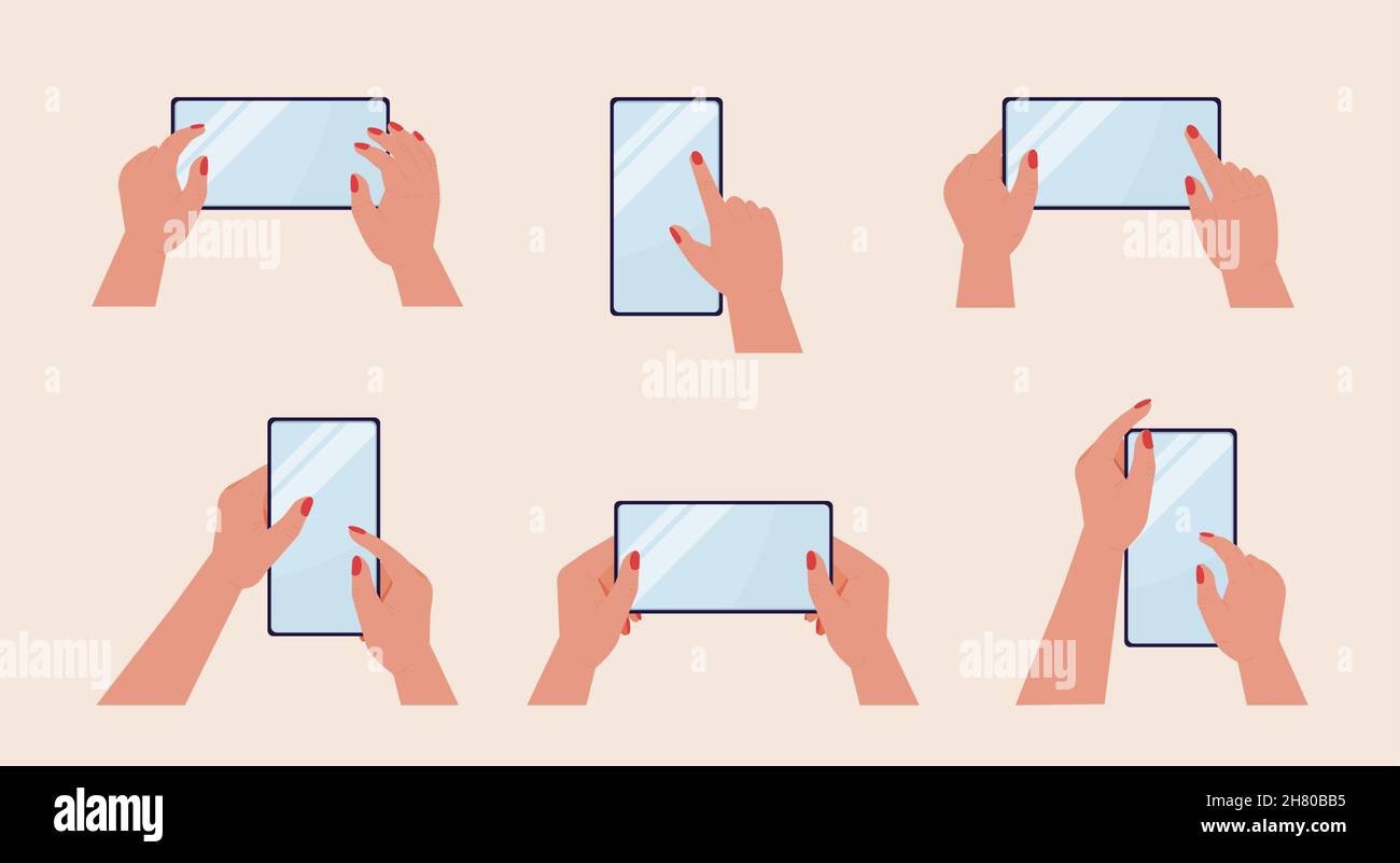 Tablet, smartphone nelle mani e touch screen vuoto. Mockup di multi-touch screen di dispositivi mobili vettore set. Navigare in Internet, trascinare lo scorrimento, riprodurre Illustrazione Vettoriale