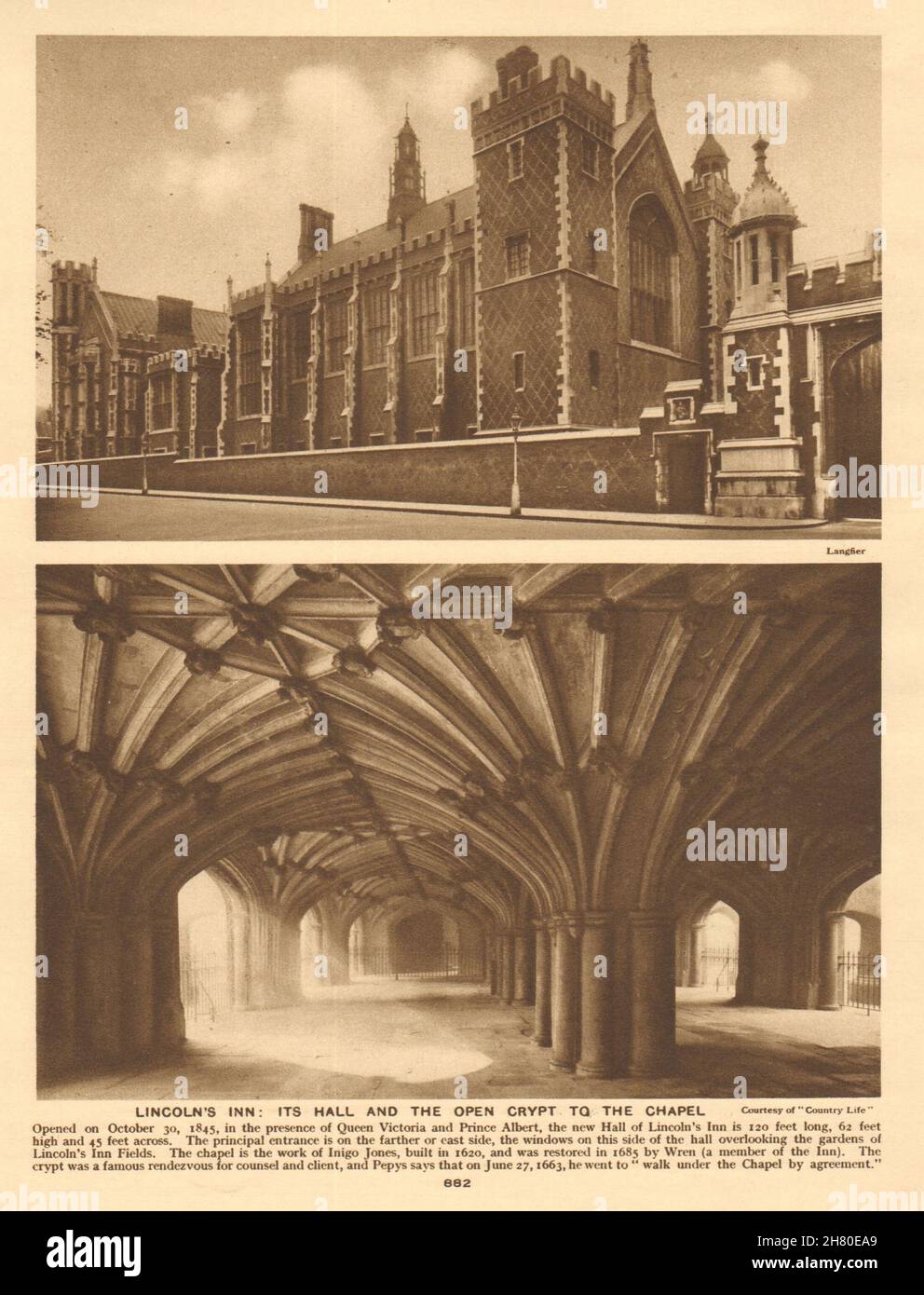 Lincoln's Inn. Grande Sala e cappella cripta 1926 vecchia stampa vintage Foto Stock