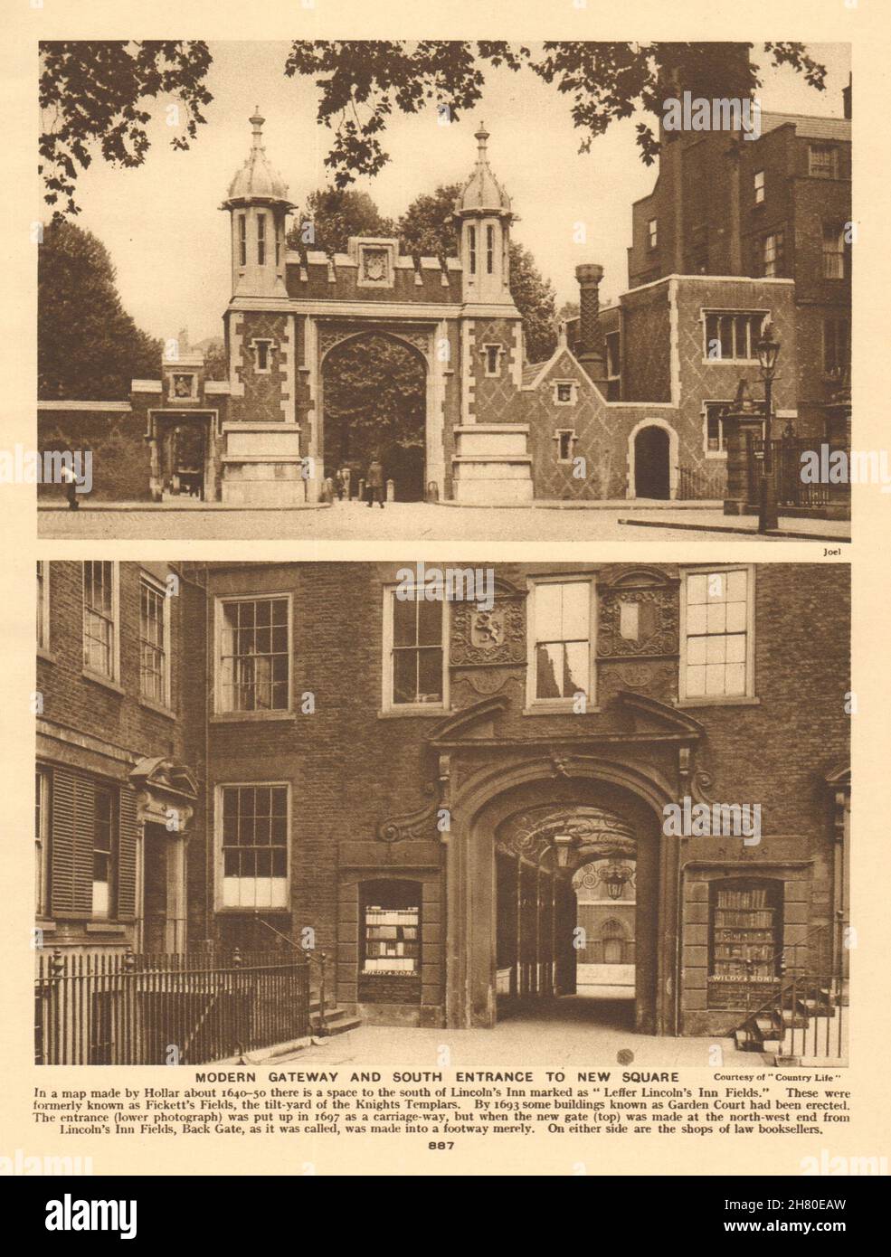 Lincoln's Inn. Porta d'ingresso e ingresso sud a New Square 1926 vecchia stampa vintage Foto Stock