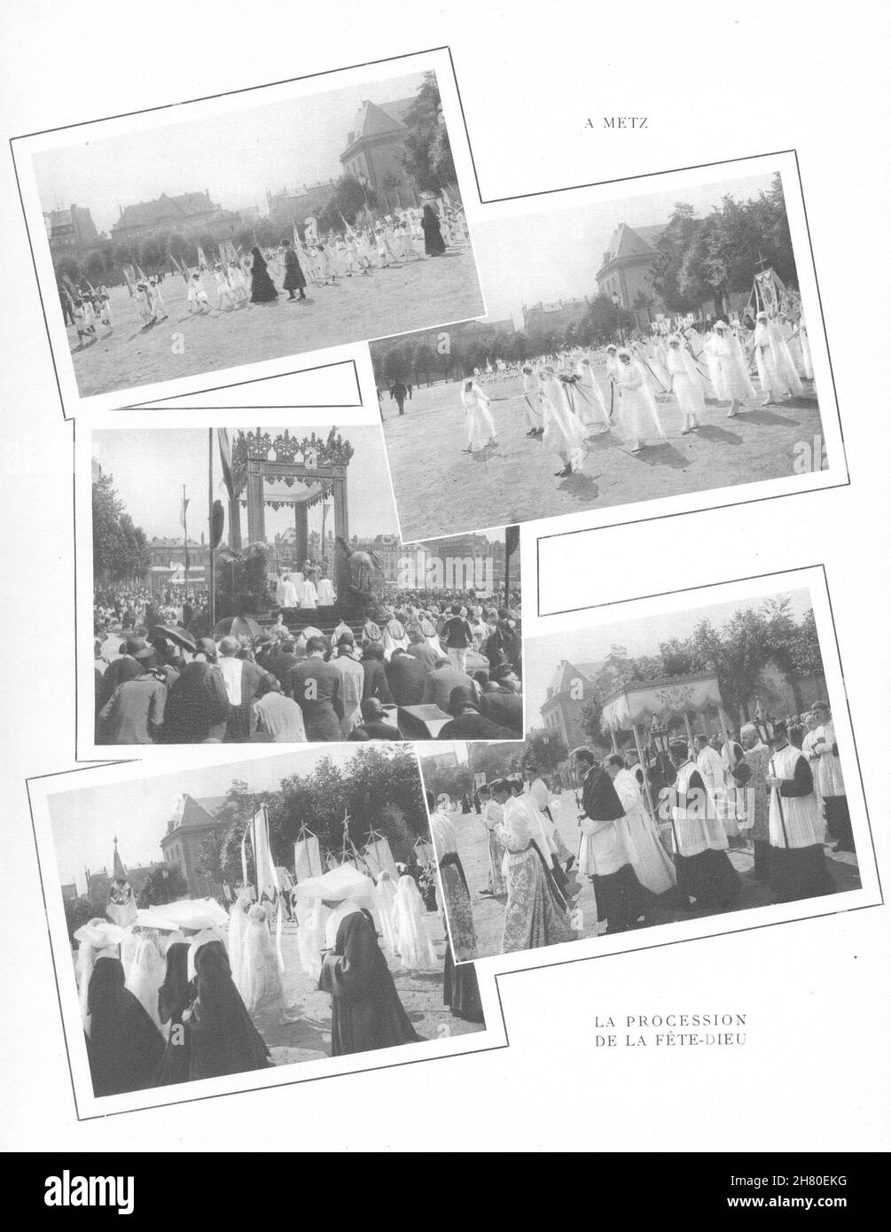 MOSELLA. A Metz; la Procession de la Fête- Dieu 1937 vecchia stampa d'epoca Foto Stock