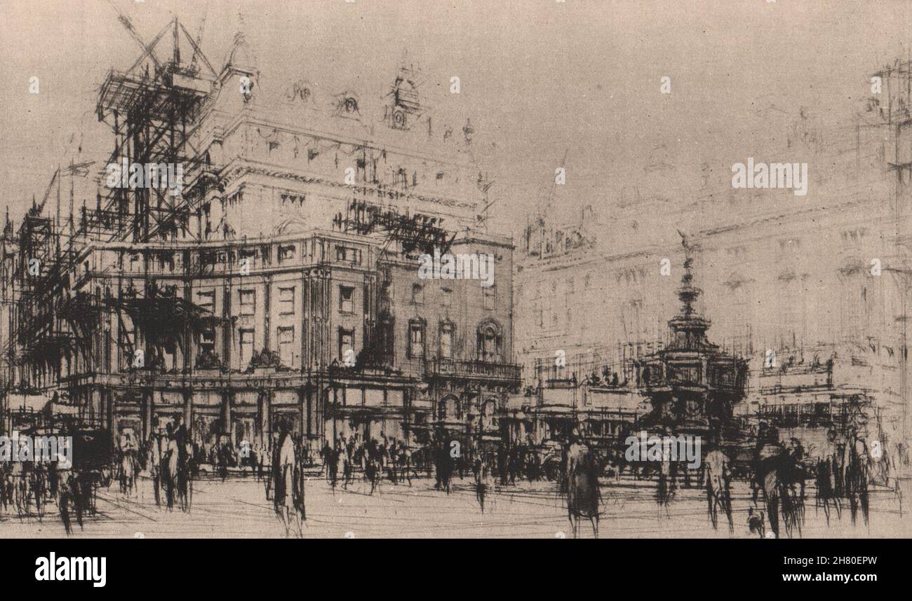 SCOMPARSA DI LONDRA. 'Piccadilly Circus', di William Walkt 1927 vecchia stampa Foto Stock