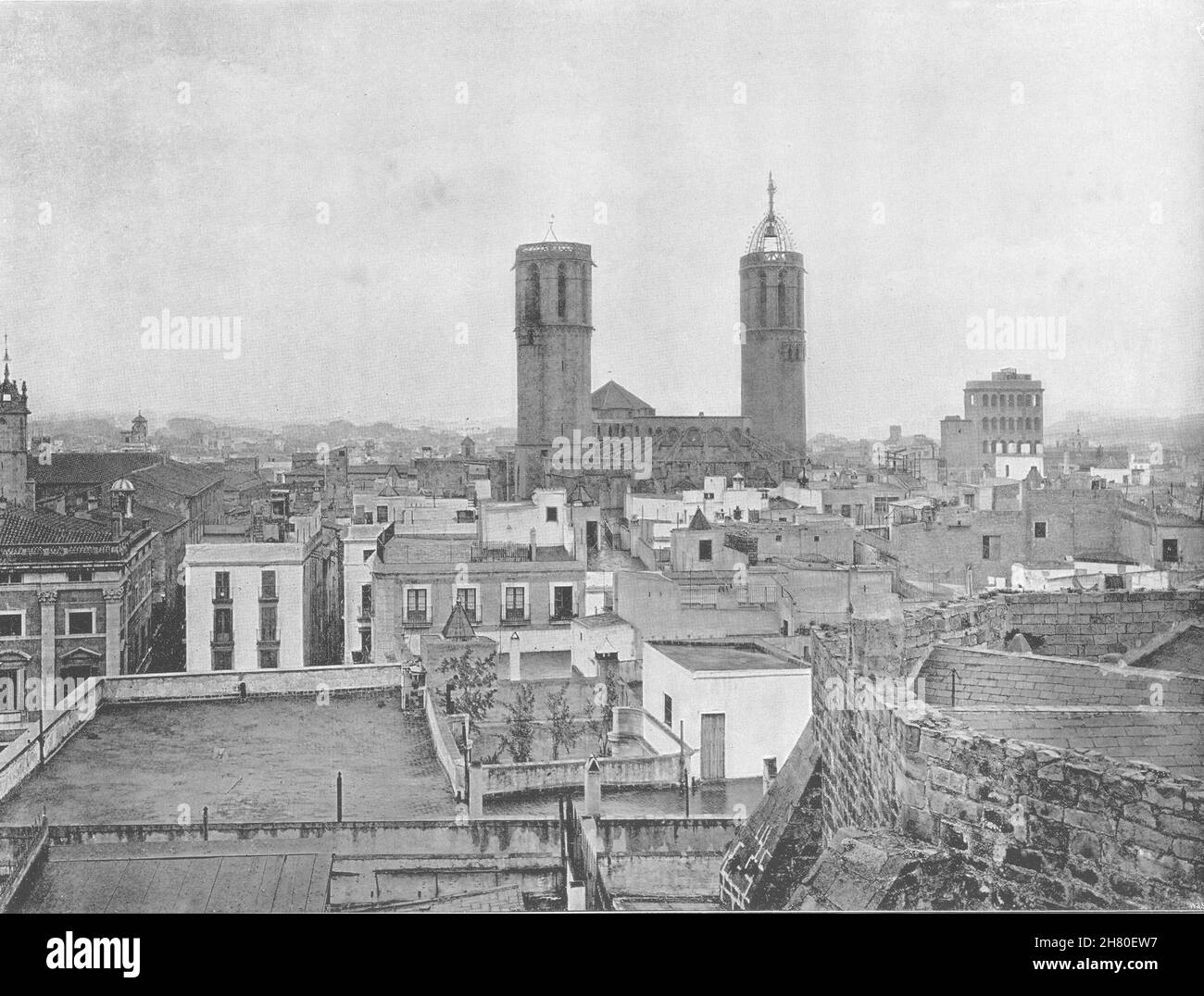 SPAGNA. Barcellona - parte della città vecchia, con la Cattedrale 1895 stampe antiche Foto Stock