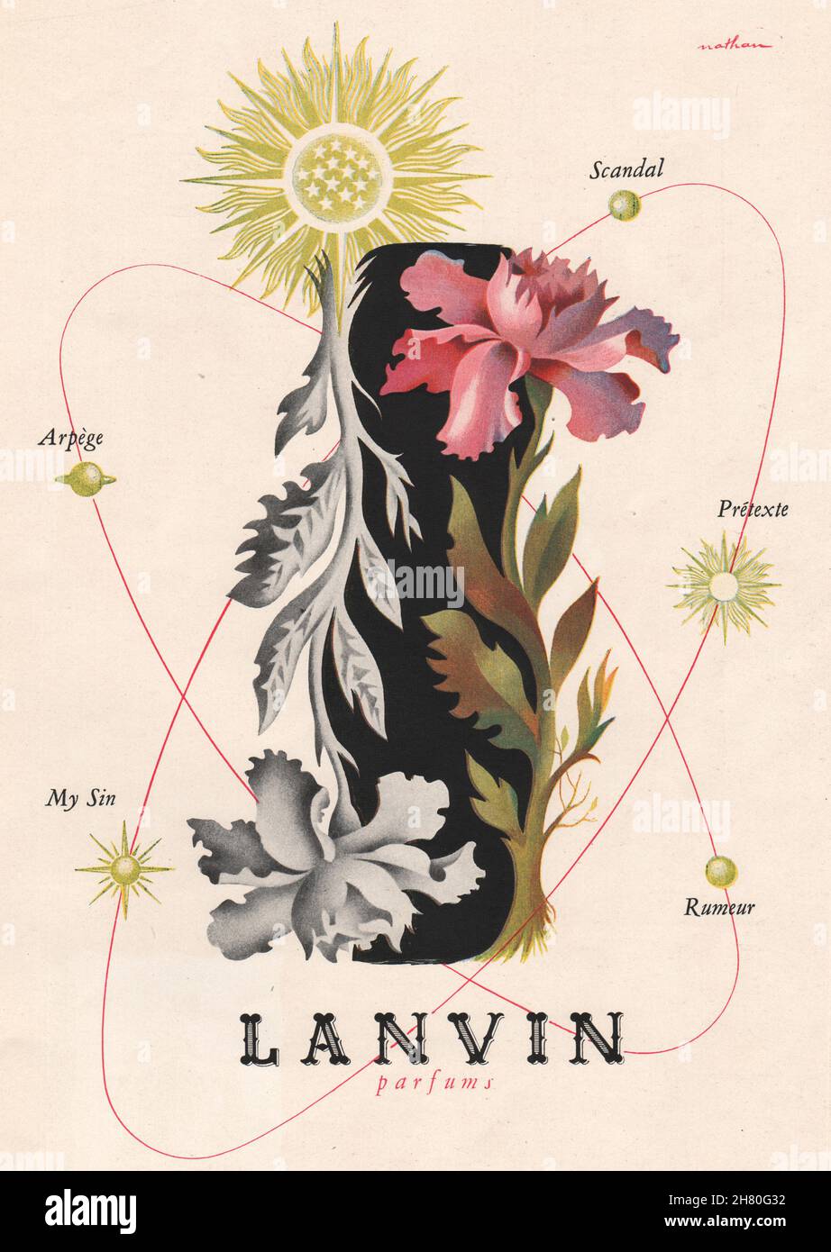 ANNUNCI PUBBLICITARI. Parfums di Lanvin. Scandal Prétexte Rumeur My Sin Arpège 1947 vecchia stampa Foto Stock