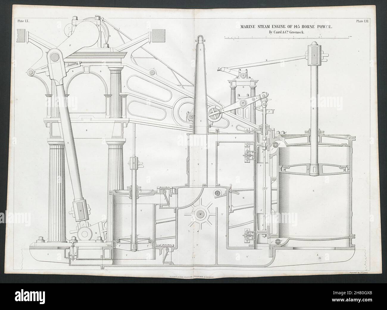 Disegno TECNICO 19C motore a vapore marino da 145 CV. Caird & Co. Greenock 3 1847 Foto Stock