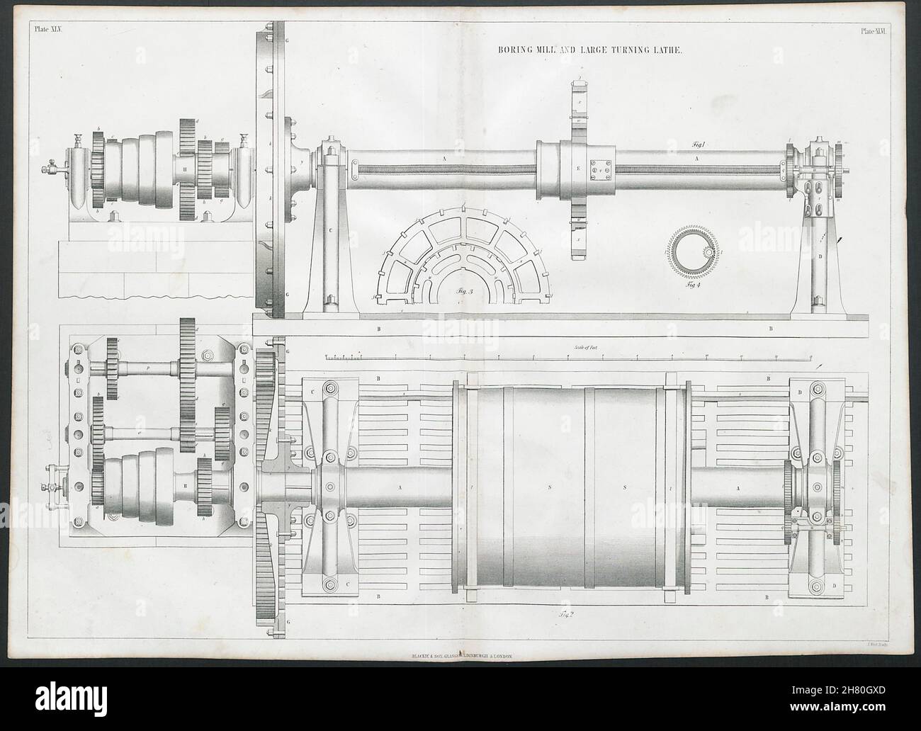 VICTORIAN INGEGNERIA DISEGNO alesatore e grande tornio 1847 stampa Foto Stock