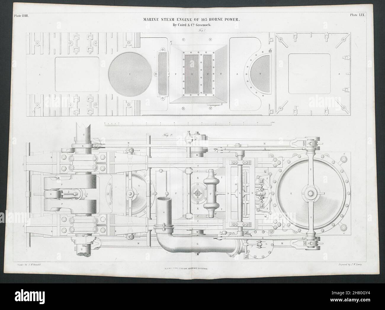 Disegno TECNICO 19C motore a vapore marino da 145 CV. Caird & Co. Greenock 2 1847 Foto Stock