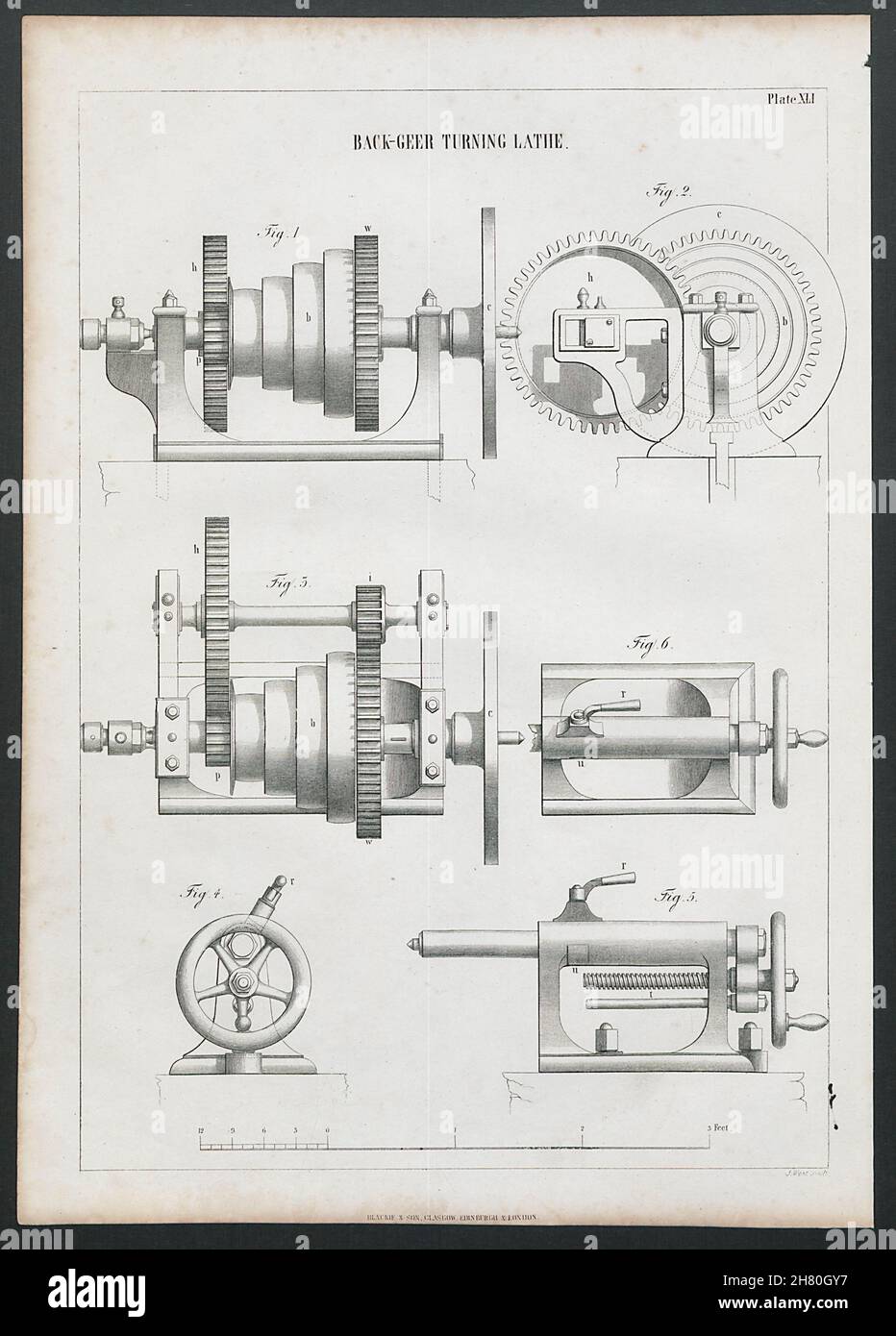 INGEGNERIA VITTORIANA DISEGNO Back-geer tornitura 1847 vecchia stampa antica Foto Stock