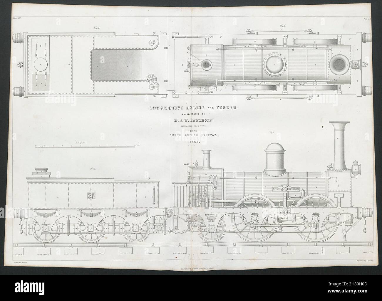 19C DISEGNO TECNICO locomotiva motore & tender. North British Railway 1847 Foto Stock