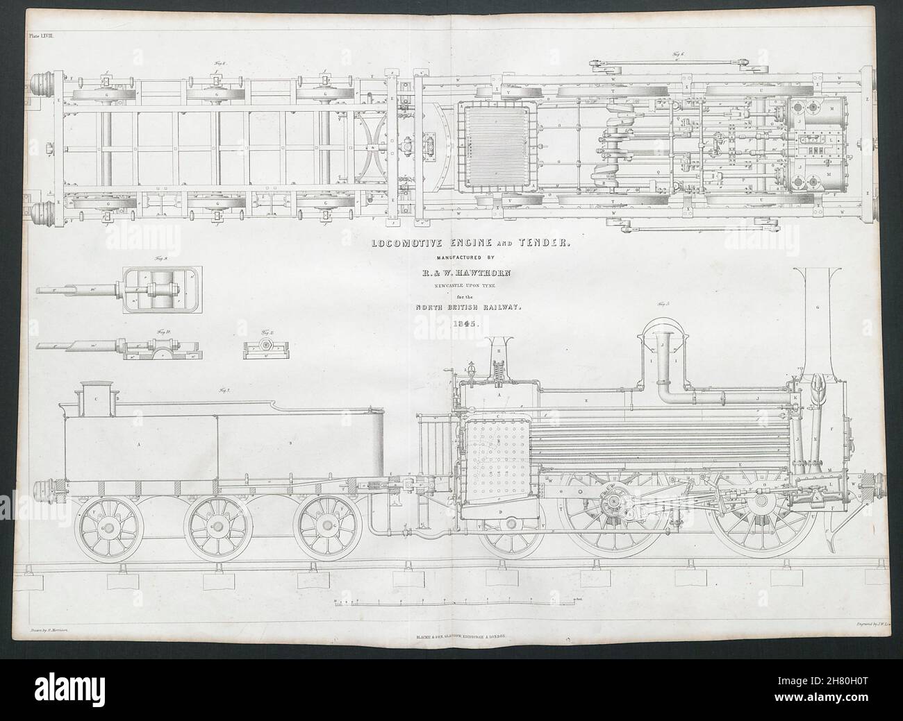19C ENGINEERING DRAWING locomotore motore & gara Nord British Railway 1847 Foto Stock