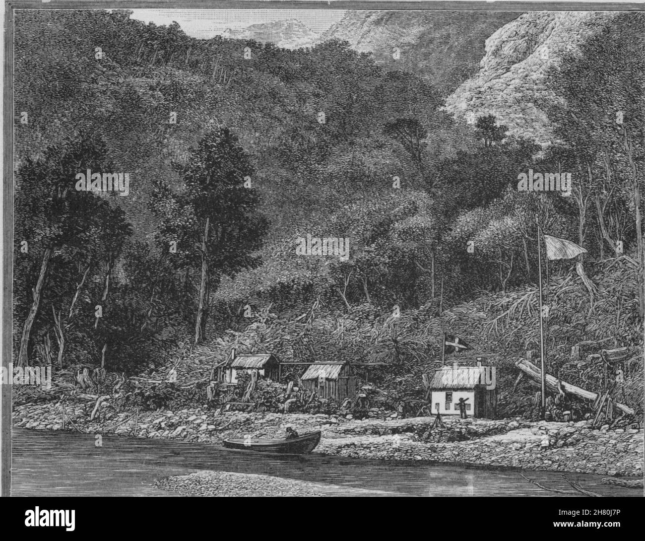 "La città", Milford Sound. La costa ovest di suoni. Nuova Zelanda 1890 antica stampa Foto Stock