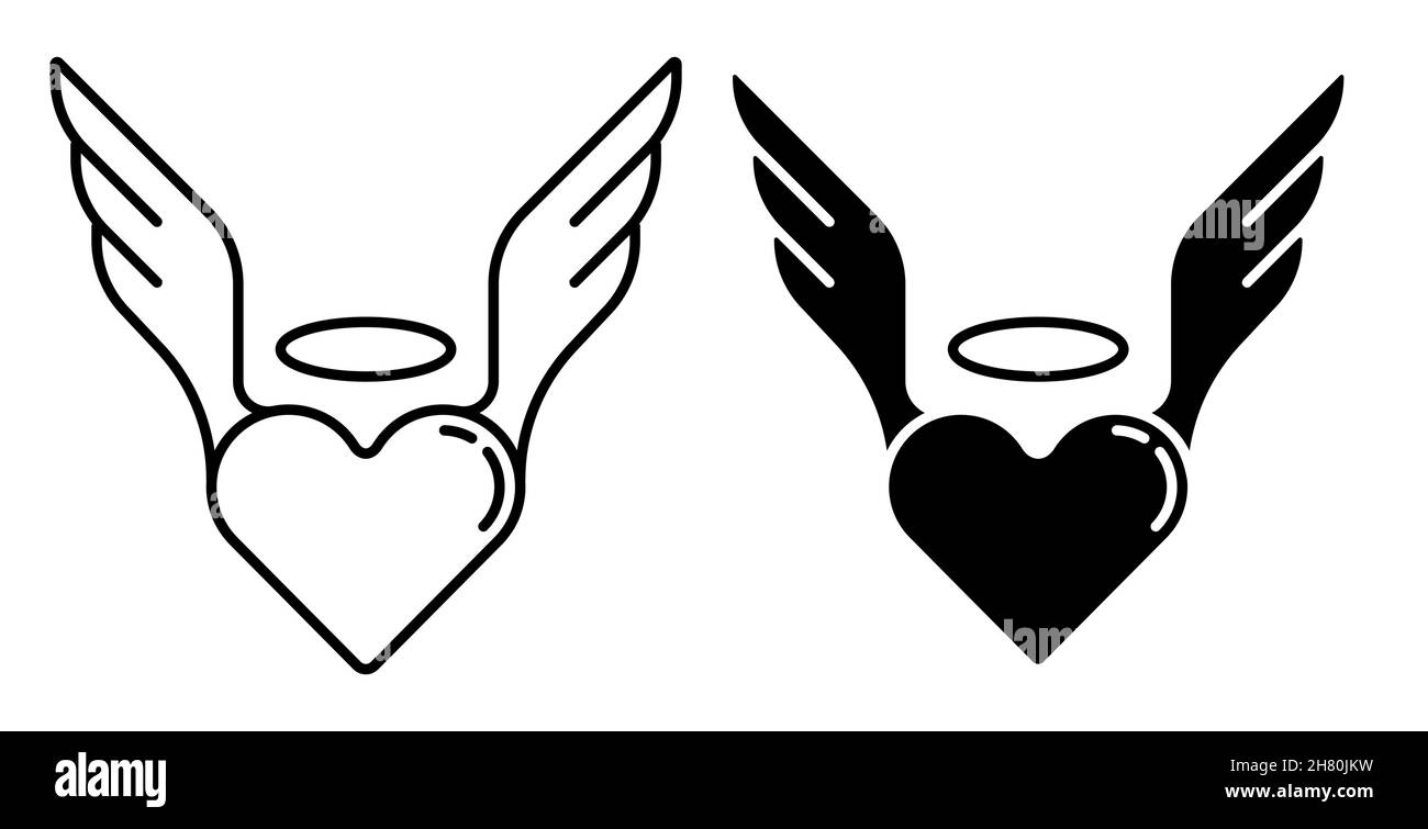 Icona lineare. Ispirato cuore dell'uomo nell'amore. Simbolo del cuore con le ali e l'alone. Semplice vettore bianco e nero isolato su sfondo bianco Illustrazione Vettoriale