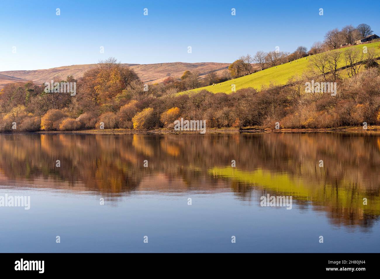 Riflessioni autunnali sul lago di Semerwater nel parco nazionale Yorkshire Dales, Regno Unito. Foto Stock