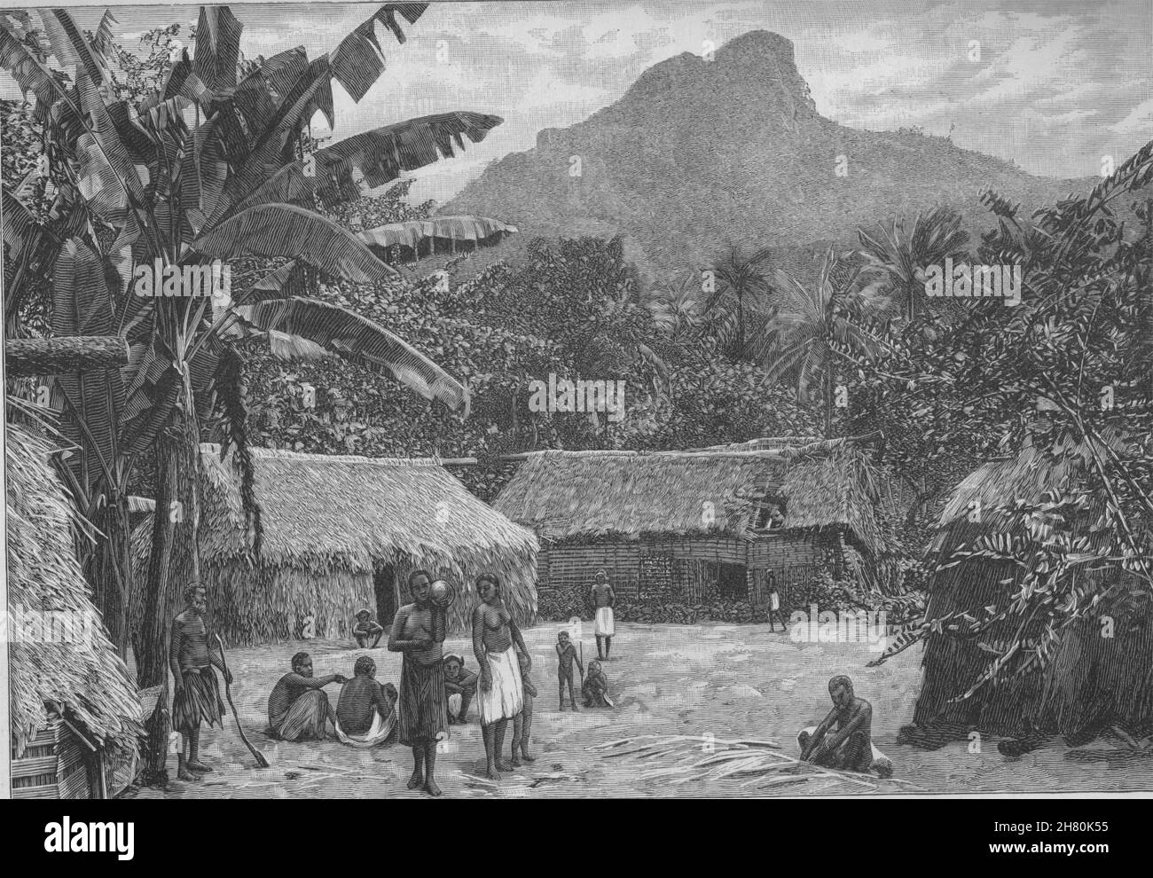 Un villaggio Fijiano vicino a Levuka. Isole Figi 1890 antica vintage delle immagini di stampa Foto Stock