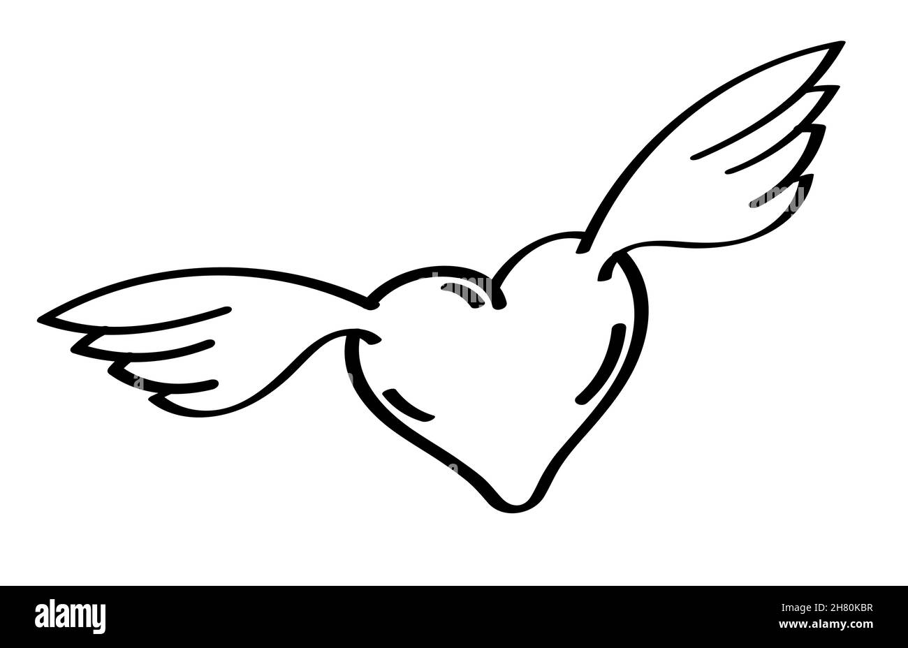 Icona cartoon di doodle ispirato cuore di uomo in amore. Simbolo del cuore con le ali. Vettore isolato su sfondo bianco Illustrazione Vettoriale