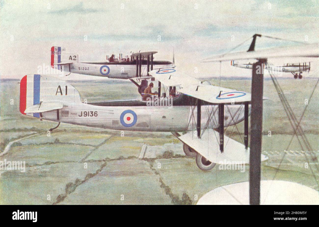 VELIVOLO. Una flotta di aerei Fairey III che volavano in formazione 1930 vecchi stampati Foto Stock